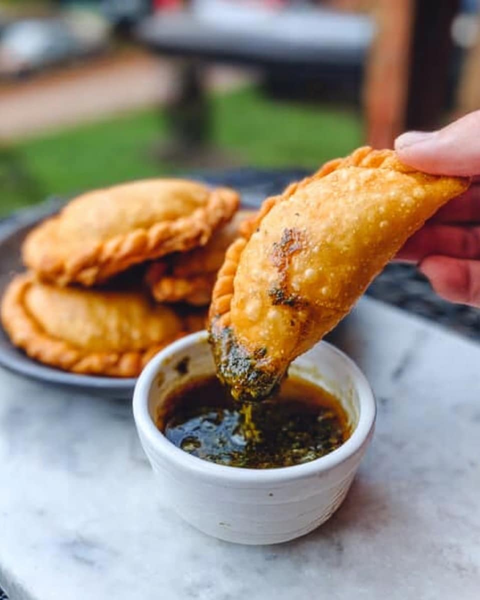 A woman’s hand holds a golden brown, fried empanada with a textured, slightly bubbly crust. The empanada is being dipped into a small white bowl filled with dark green chunky sauce, some sauce dripping off the empanada. In the background, there is a white plate with more empanadas stacked and an outdoor setting blurred behind. The surface under the bowl and plate is a white marbled texture. photo taken with an iphone --ar 4:5 --v 7