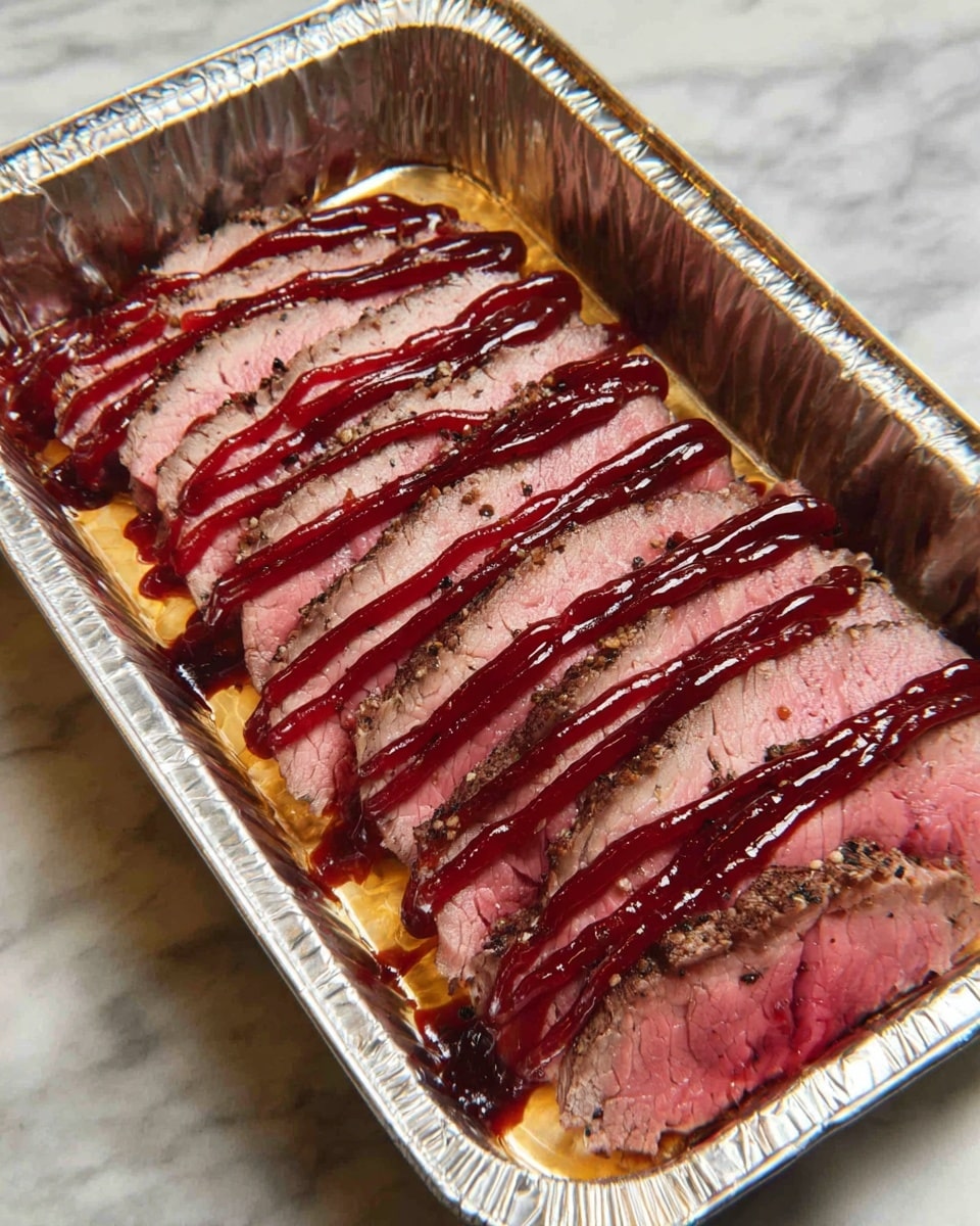 A foil tray filled with several layers of thinly sliced pink meat arranged neatly side by side; the meat has a slightly charred edge with a coarse texture and is drizzled evenly with dark red sauce in diagonal lines across the slices. The foil tray is placed on a white marbled surface. photo taken with an iphone --ar 4:5 --v 7