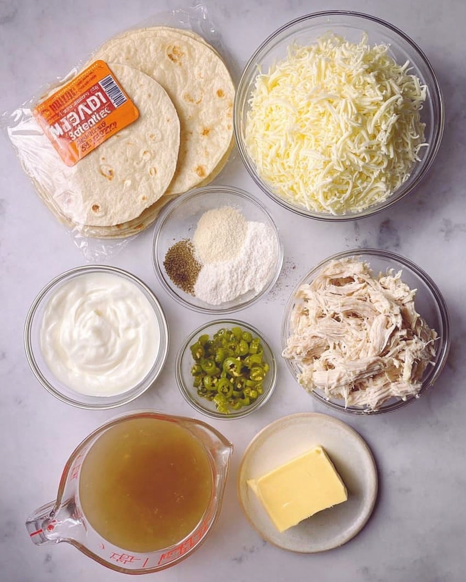 The image shows a collection of ingredients for a dish arranged on a white marbled surface. At the top, there is a plastic pack of soft flour tortillas with an orange label. Below it, there are seven glass bowls and a glass measuring cup. The largest bowl holds shredded white cheese with a fluffy texture. To its right, a bowl contains light, shredded cooked chicken. Underneath the cheese bowl, there is a smaller bowl of white sour cream with a smooth texture. Next to it on the left side is a small bowl with a pale powder, likely flour. To the right of the sour cream, there's a small bowl filled with chopped green chilies. Below that, a small square piece of yellow butter rests on a small plate. To the right of the butter, a glass measuring cup contains a light brown liquid broth. Finally, between the chicken and tortillas are two tiny bowls, one with a light yellow powder and one with fine black pepper. photo taken with an iphone --ar 4:5 --v 7