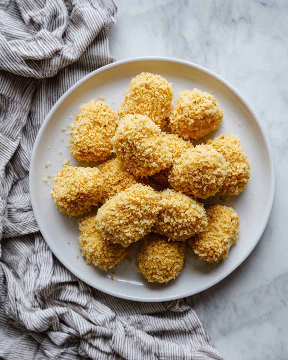 A white round plate filled with about sixteen pieces of golden-yellow breaded nuggets, each nugget coated with a textured, crumbly layer that looks crispy. The nuggets are piled in a loose mound, slightly overlapping each other. The plate is placed on a white marbled surface next to a folded, crumpled gray and white striped cloth. The light is soft and natural, highlighting the crunchy texture of the coating. Photo taken with an iphone --ar 4:5 --v 7