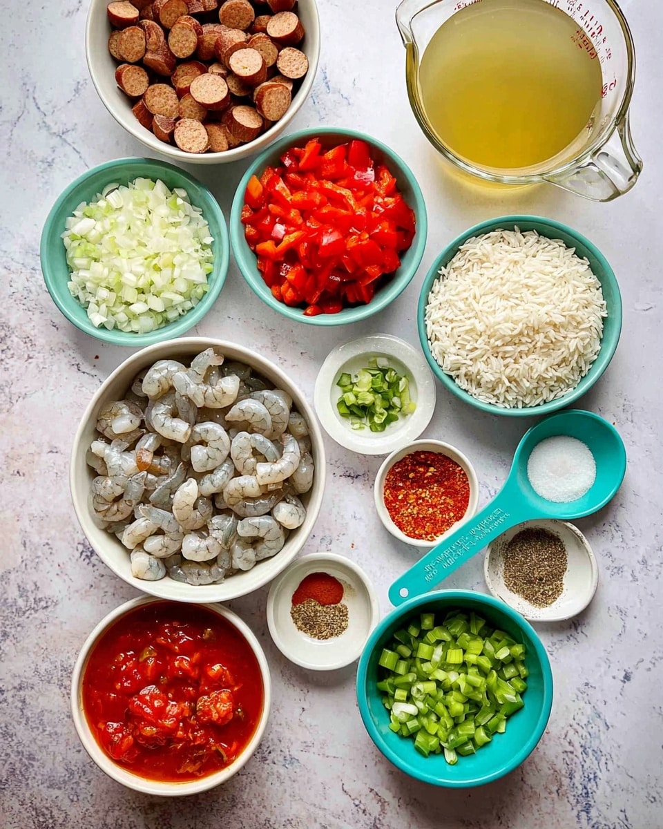 The image shows several bowls and a measuring cup with different ingredients arranged on a white marbled surface. There is one white bowl filled with raw shrimp that are grayish with a shiny texture. Another white bowl contains sliced browned sausage, arranged in a loose pile. A white bowl holds finely diced white onions, while a white bowl contains chopped red bell peppers. A light-colored blue bowl is filled with white uncooked rice. A small dark blue bowl holds minced garlic, and a very small white bowl contains red and light brown powdered spices. A turquoise measuring spoon holds green peas, and another small white bowl contains chopped green celery. There is also a white bowl with chopped red tomatoes in liquid, and a clear glass measuring cup filled with a light yellow broth. The ingredients are bright and fresh, neatly arranged, showing vivid colors and different textures. photo taken with an iphone --ar 4:5 --v 7