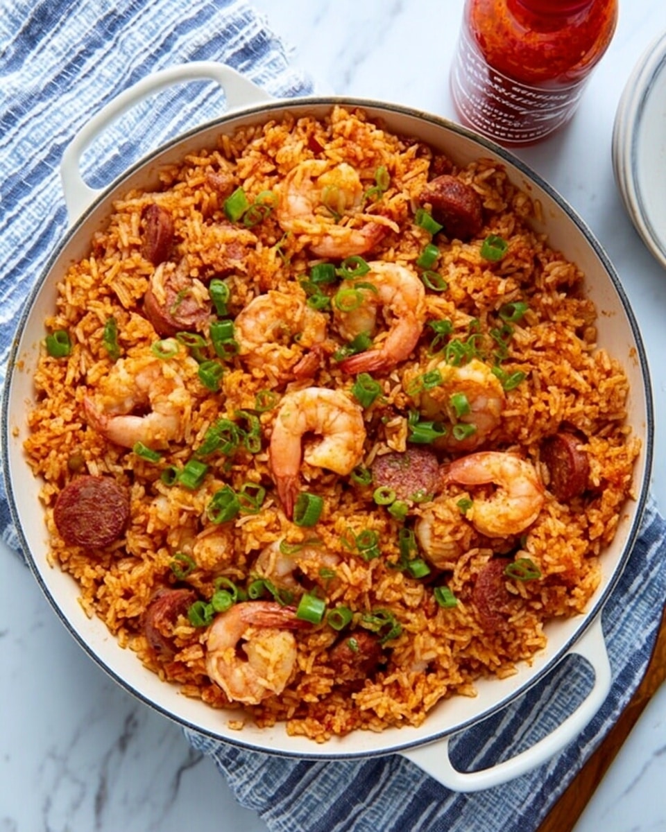A white pan filled with orange-red rice mixed with small pieces of brown sausage and whole pink shrimp scattered evenly on top. The rice looks moist with a slightly oily shine, and green round slices of scallion are sprinkled across the dish for color contrast. The pan sits on a white marbled surface with a striped blue and white towel nearby. A bottle of hot sauce and its red cap are positioned to the side. Photo taken with an iphone --ar 4:5 --v 7