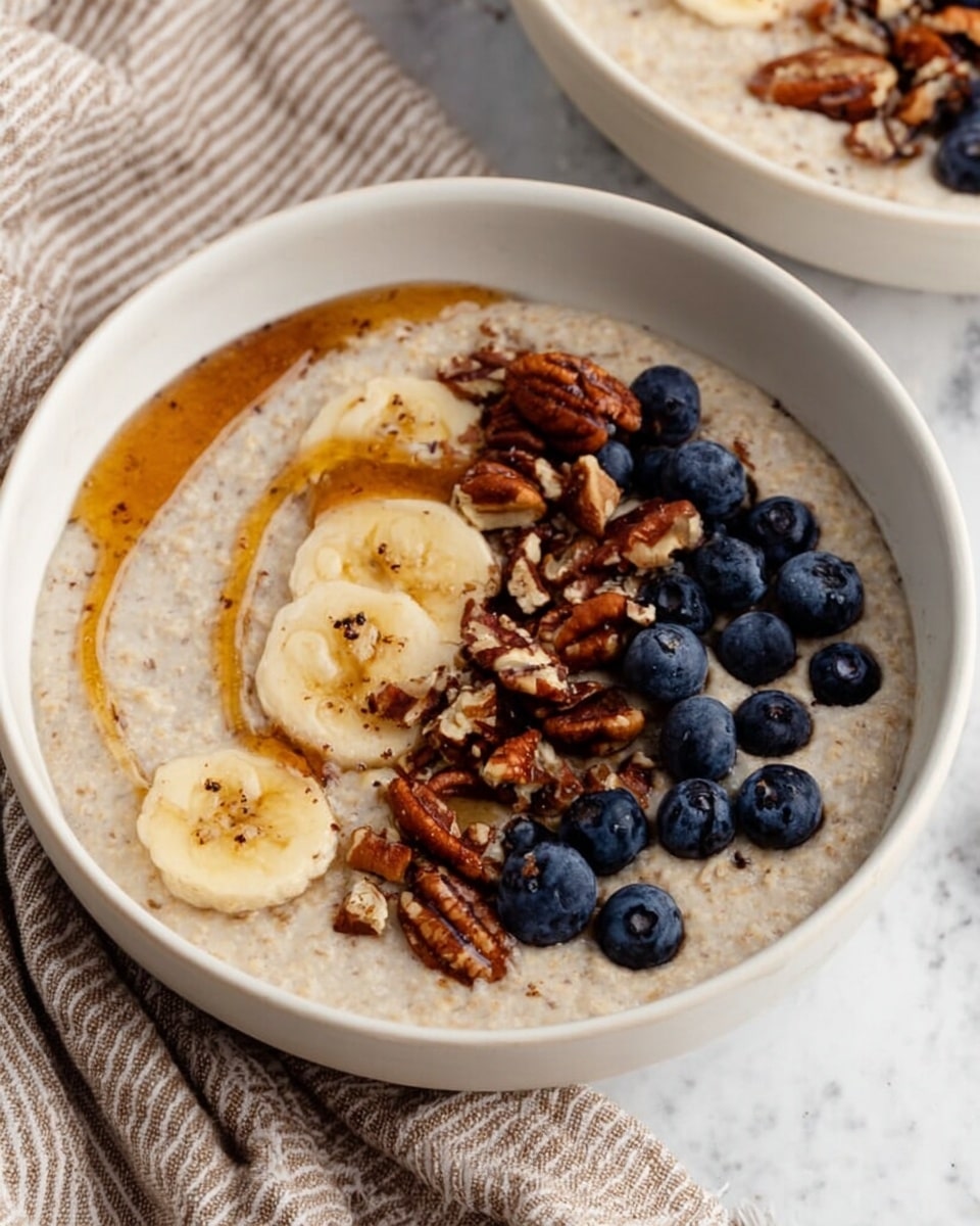 A white bowl filled with a creamy oatmeal base, light beige in color and slightly textured. On top, a layer of thin banana slices is neatly placed along one side, their pale yellow shade contrasting with a cluster of deep blue blueberries beside them. Scattered chopped pecans with a brown, rough texture add crunch over the fruit. A swirl of golden brown syrup drizzles across the oatmeal surface, creating a glossy shine. The bowl sits on a white marbled surface with a striped beige cloth nearby. Photo taken with an iphone --ar 4:5 --v 7