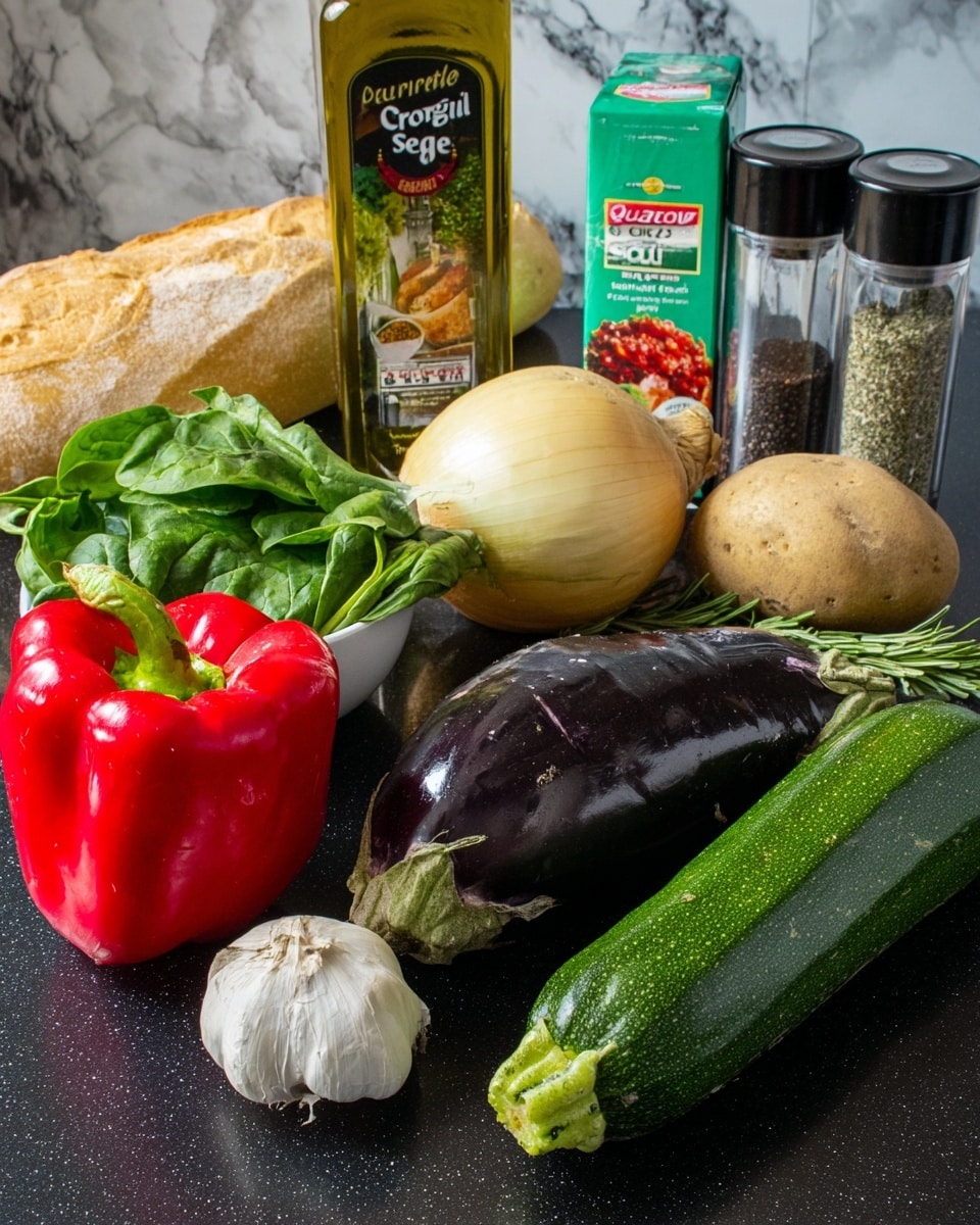 The image shows a group of fresh vegetables and cooking ingredients arranged on a dark surface with a white marbled background. At the front are a red bell pepper with a smooth shiny skin, a small round white garlic bulb with textured layers, and a large dark purple eggplant with a shiny surface and green stem at the right. A long green zucchini with a slightly rough texture lies between the pepper and an off-white potato. Behind the potato, a bunch of green leafy spinach adds a fresh touch along with a few sprigs of green herbs nearby. To the left, there is a loaf of light brown crusty bread. At the back, a large round white onion with layered skin sits near a tall clear glass bottle of olive oil with a yellow label, next to a green carton, two transparent spice jars with white lids labeled