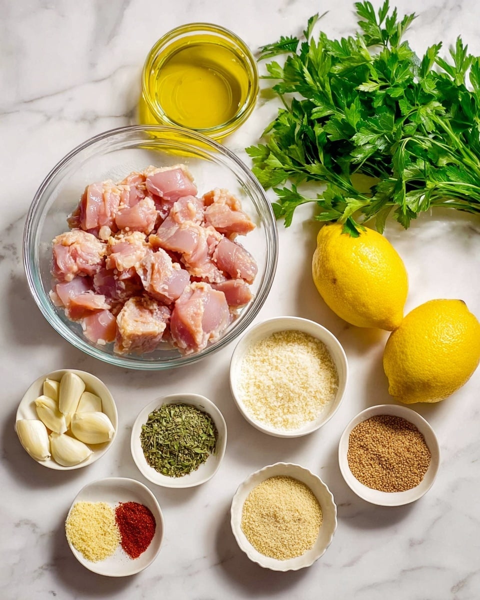 A clear glass bowl filled with small pieces of raw pink chicken sits on a white marbled surface. To the right, two bright yellow lemons rest side by side. Below the lemons is a clear glass container with golden olive oil. Surrounding these are several small white bowls: one holds peeled white garlic cloves, another has light, powdery garlic flakes, another contains finely ground light beige breadcrumbs, and three more have various spices in shades of green, light brown, bright red, and off-white. On the far right is a fresh bunch of dark green leafy parsley. photo taken with an iphone --ar 4:5 --v 7