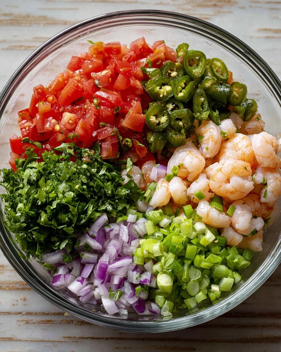 A clear glass bowl shows six separate layers of small chopped ingredients arranged in sections: bright red diced tomatoes on the left, dark green chopped cilantro in the center bottom, light purple diced onions at the bottom left, pale green sliced green onions at the bottom right, light orange small shrimp pieces on the right, and dark green chopped jalapeños at the top center. The bowl sits on a white marbled surface. photo taken with an iphone --ar 4:5 --v 7