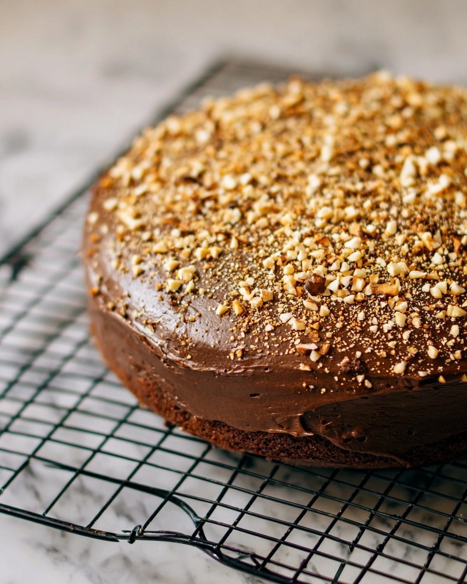 A round chocolate cake with one visible layer is covered thickly with smooth chocolate frosting on the top and sides. The top is sprinkled evenly with small chopped nuts that give a crunchy texture. The cake sits on a black cooling rack over a white marbled surface. The cake's rich brown color contrasts with the chopped nuts' pale tan and cream tones. photo taken with an iphone --ar 4:5 --v 7