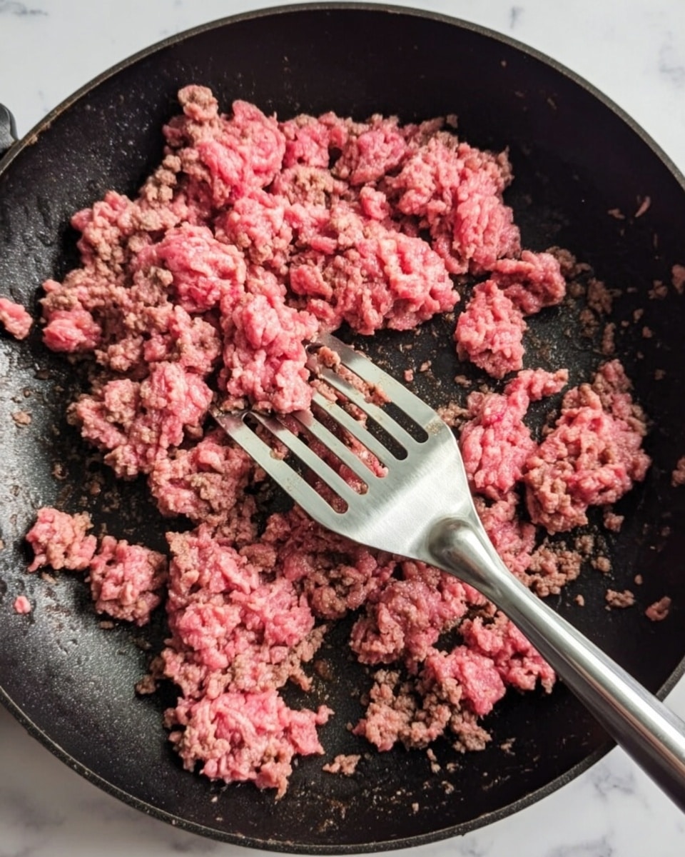 A black frying pan filled with ground beef cooking, showing a mix of pink raw and brown cooked meat pieces scattered unevenly across the pan. A metal spatula with slotted holes rests in the center, partially lifting some of the beef. No other ingredients or garnishes are visible, and the pan sits on a white marbled surface. Photo taken with an iphone --ar 4:5 --v 7