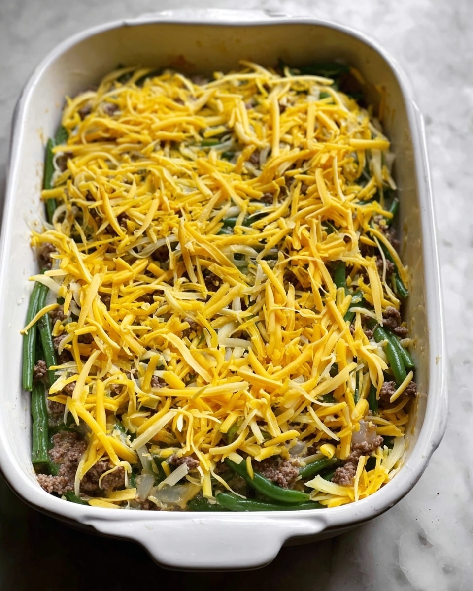 A white rectangular baking dish holds a layered casserole that shows a base of green beans and chopped onions mixed with browned ground meat, forming a rough textured layer with green and white tones. On top of this layer is a generous sprinkling of bright yellow shredded cheese strands, creating a vibrant contrast over the vegetables and meat. The casserole appears ready for baking with the cheese spread evenly but loosely on top, allowing the underlying layers to be seen clearly. The dish sits on a white marbled textured surface. photo taken with an iphone --ar 4:5 --v 7