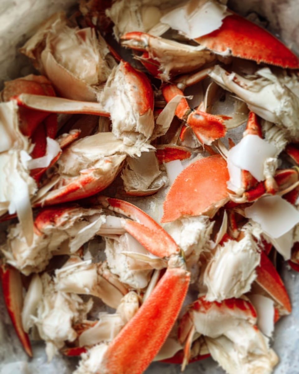 The image shows many crab shells and pieces inside a container. The shells are mostly white with bright orange and red parts, broken into uneven pieces with some soft white meat still inside. The crab pieces are messy and stacked on top of each other with sharp edges and rough textures. The background is a white marbled texture. Photo taken with an iphone --ar 4:5 --v 7