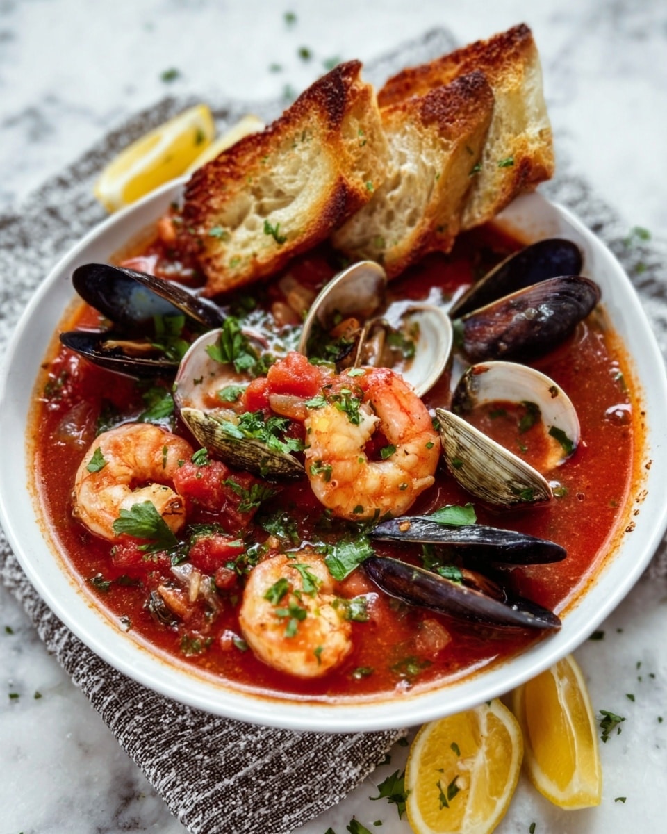 A white bowl filled with a rich red tomato broth layered with large shrimps, clams, and mussels spread evenly throughout. The seafood is mixed with chopped tomatoes and sprinkled with fresh green herbs on top. Pieces of toasted bread rest beside the bowl. The scene is placed on a white marbled surface. Photo taken with an iphone --ar 4:5 --v 7