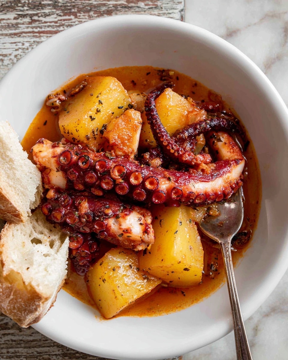 The image shows a white enamel plate with a blue rim holding grilled octopus tentacles arranged in a loose pile. The tentacles are reddish-brown with a slightly crispy texture and visible suction cups. Bright red roasted cherry tomatoes are placed between the tentacles, adding vibrant color contrast. Finely chopped green herbs are sprinkled over the dish, creating small bright green accents. The plate is set on a white marbled surface. Photo taken with an iphone --ar 4:5 --v 7