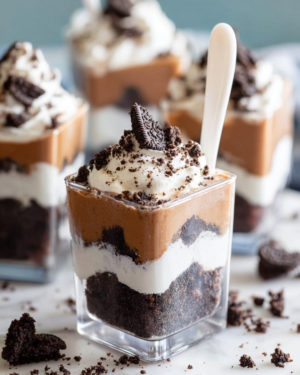 A transparent square cup shows a layered dessert with five layers: the bottom layer is a dark brown crumbly cookie base, followed by a smooth light brown creamy layer, next a thick white whipped cream layer, above that another thick dark brown cookie crumb layer, and topped with a fluffy white whipped cream layer sprinkled with dark cookie crumbs. A white plastic spoon is stuck into the dessert. The cups are placed on a white marbled surface with scattered cookie crumbs around them. Photo taken with an iphone --ar 4:5 --v 7