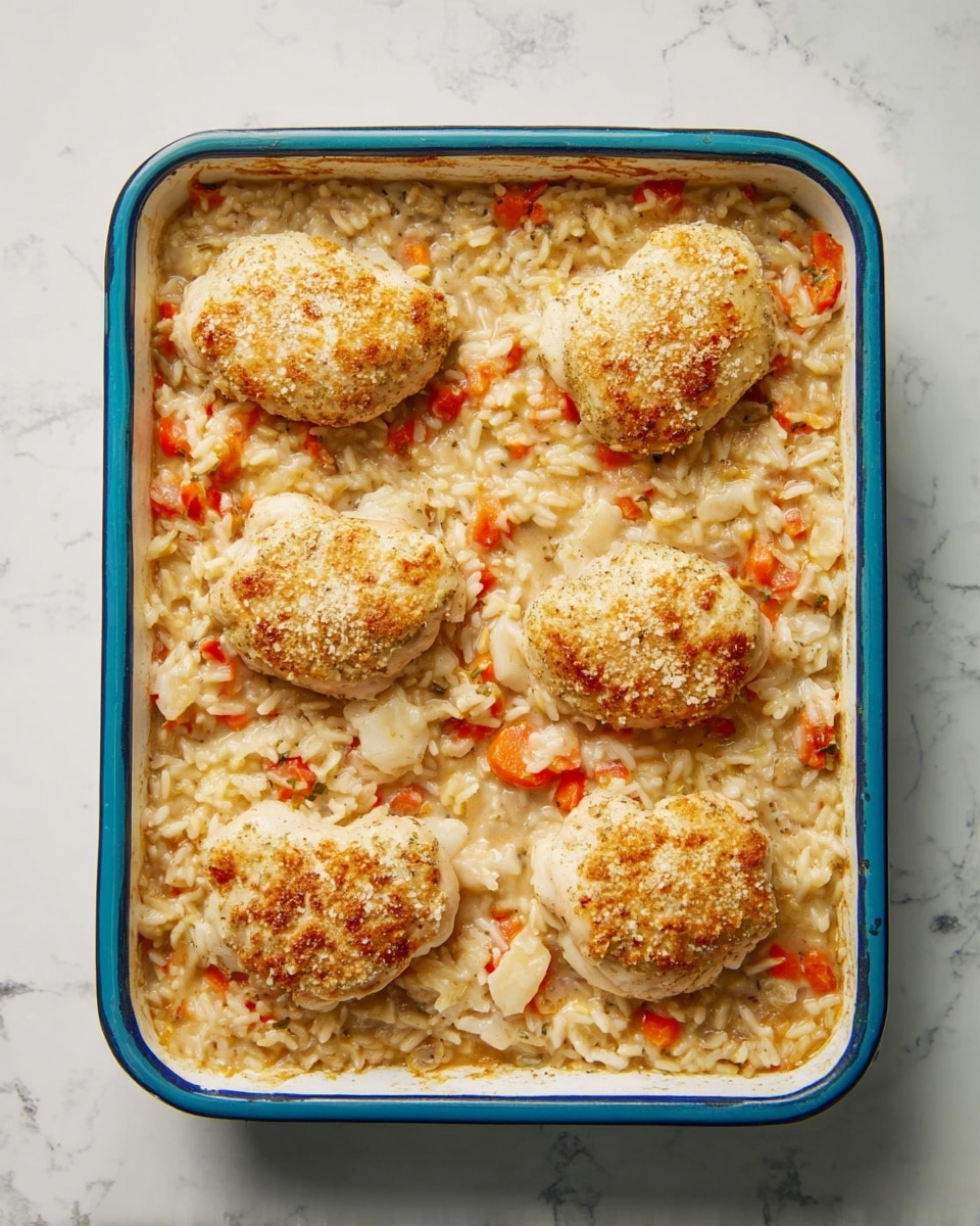 A rectangular casserole dish with a blue rim sits on a white marbled surface, filled with a baked rice and vegetable mixture. The base layer is a creamy rice mixed with small pieces of orange and red vegetables, creating a soft, lumpy texture across the dish. On top of this base, six evenly spaced oval pieces of lightly browned and slightly puffed dough or pastry rest, each with a light golden dusting on top. The overall color palette is warm, with creamy beige rice, orange accents, and the pale golden dough standing out. Photo taken with an iphone --ar 4:5 --v 7