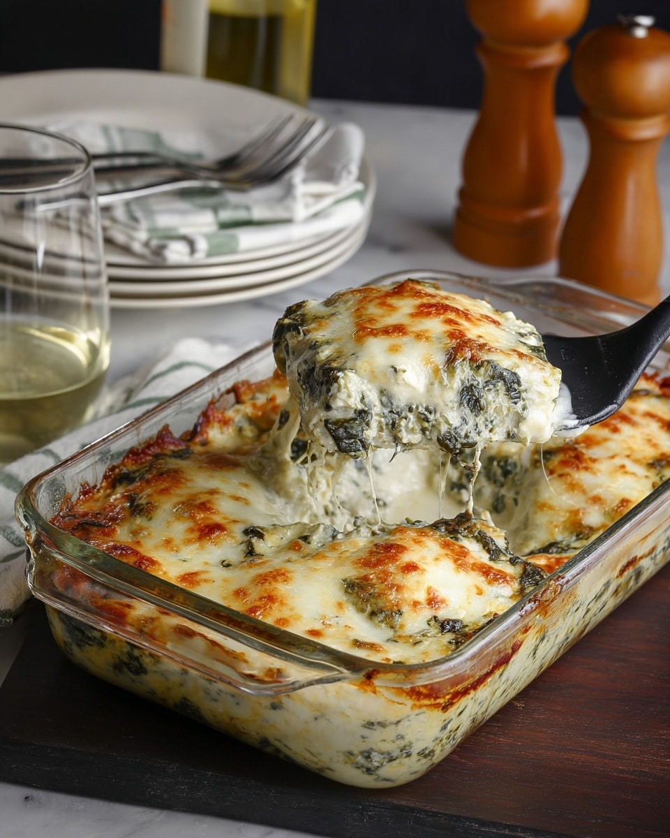 A clear glass baking dish holds two large layers of a creamy spinach and cheese casserole. The top layer is golden brown with bubbly melted cheese that has spots of light and darker brown from baking. The spinach mixed with the creamy sauce creates a deep green and white marbled texture beneath the cheese. A black spatula lifts one large piece from the dish, showing the thick, smooth, and creamy mix inside. The baking dish sits on a dark wood surface with a white marbled texture underneath, next to a stacked set of white plates, a wooden pepper grinder, a bottle of white wine, a glass of white wine, and a folded white kitchen towel with green stripes. photo taken with an iphone --ar 4:5 --v 7