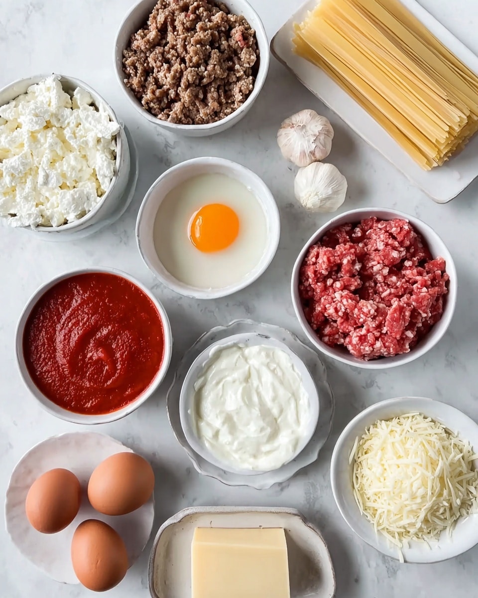 A top view of many white bowls and plates arranged on a white marbled surface, each holding different ingredients. On the top left is a bowl with white cottage cheese, next to it is a bowl of cooked ground meat with a brown color, beside that is a small bowl with a raw egg yolk in the middle of the white egg, and to the right are two whole garlic bulbs and a stack of light tan lasagna noodles on a white plate. Below these, a white bowl has red tomato sauce, near the center is a bowl of thick white cream or sour cream, and to its right is a bowl filled with raw ground meat with a red and pink color. Toward the bottom, there are two whole brown eggs, a white plate holding a block of pale yellow cheese, a bowl of red tomato sauce, and another bowl with shredded white cheese. The ingredients are neatly spread out with good lighting. Photo taken with an iphone --ar 4:5 --v 7
