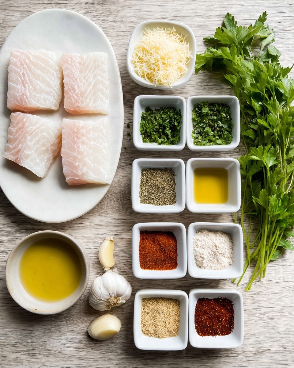 The image shows raw fish fillets placed on a white plate on the left side. Towards the center, there are small white square and round bowls arranged in a grid, each holding different ingredients: two bowls of grated cheeses at the top, four bowls beneath with green herbs, salt and pepper mix, olive oil, and two kinds of red spices. Below these, there are two garlic cloves and a small bowl of yellow mustard. On the far right, fresh green parsley bunches add a natural touch. All items are arranged neatly on a white marbled surface. photo taken with an iphone --ar 4:5 --v 7