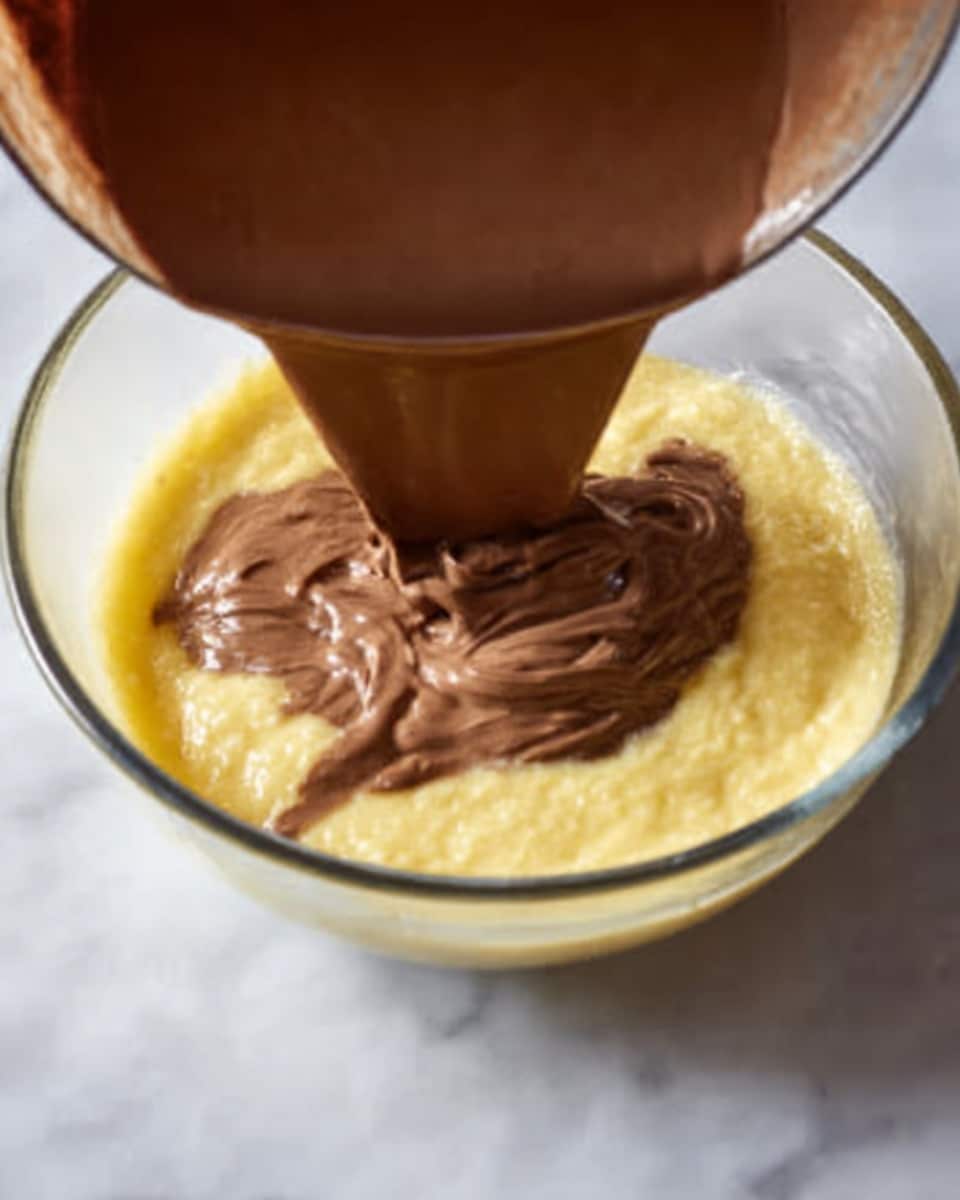 A clear glass bowl sits on a white marbled surface, filled with a smooth yellow batter at the bottom layer. A second layer of rich, creamy brown chocolate mixture is being poured over the yellow batter from a container held above the bowl. The two layers contrast with the yellow batter showing beneath and the thick chocolate folding gently on top, creating a soft swirl. The scene captures the moment the chocolate flows into the yellow base, forming distinct but merging textures. photo taken with an iphone --ar 4:5 --v 7