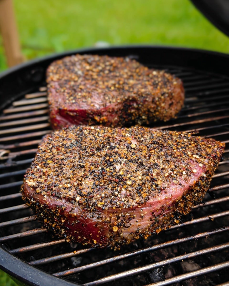 Two thick, seasoned pieces of meat are grilling on a black grill grate inside a round black grill. The meat has a dark crust made of many spices, mostly coarse black and brown pepper, covering the surface. The edges show some pinkish red spots under the seasoning, with the texture looking slightly crispy on the outside. The background is blurred green grass. Photo taken with an iphone --ar 4:5 --v 7