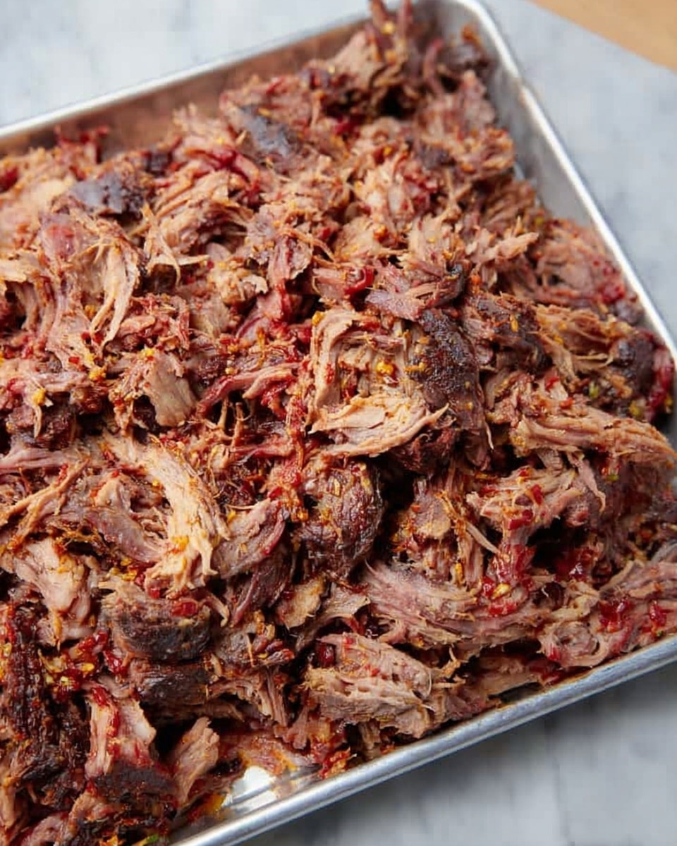 The image shows a large tray filled with shredded meat that has a mix of dark brown, reddish, and grayish colors. The meat looks tender and fibrous with bits of seasoning visible. The pieces vary in size and are loosely piled together, showing different textures from smooth to rough parts. The tray is metal and placed on a white marbled surface. photo taken with an iphone --ar 4:5 --v 7