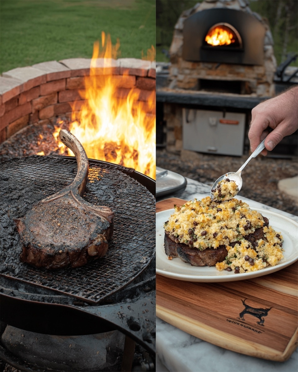 The image displays a two-part outdoor cooking scene. On the left, a large tomahawk steak with a dark, seasoned crust rests on a metal grill over an open flame, with bright orange fire beneath and stone bricks forming the fire pit. On the right, the cooked steak is placed on a white oval plate sitting on a wooden surface with a flame logo. The steak is topped with a thick layer of golden, crumbly stuffing mixed with herbs and small bits of dark ingredients, being spread evenly by a spoon held by a person's woman's hand. The background shows green grass and a stone outdoor oven with a warm fire inside. The whole scene is set on a white marbled texture surface. photo taken with an iphone --ar 4:5 --v 7