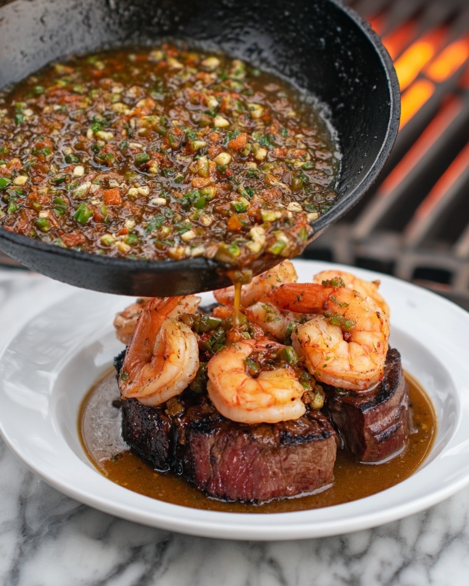The dish shows a white plate with a stack of four thick steak pieces wrapped with bacon at the base, dark brown and seared, topped with a heap of pinkish-orange cooked shrimp. A sizzling sauce with green diced peppers and garlic is poured over the shrimp from a black pan held above the plate. The sauce looks glossy and oily, covering the top of the shrimp and steaks, creating a rich texture. The scene is set on a white marbled surface. photo taken with an iphone --ar 4:5 --v 7