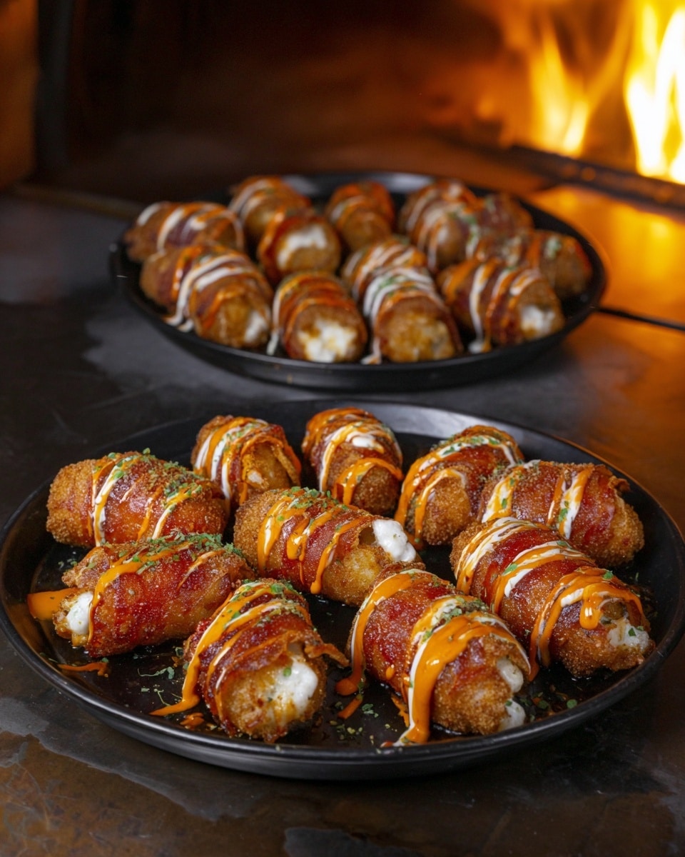 This image shows a round black plate filled with about twelve pieces of food wrapped in a reddish-brown crispy layer, each piece slightly curved and plump. Inside the wrapping, a white filling peeks out at one end, while the outer texture looks crunchy and golden-brown. The plate rests on a dark wooden surface with a warm fire glowing softly in the background. Some pieces are drizzled with two different sauces, one white and creamy and the other a vibrant orange-red, and small green herbs are sprinkled on top for color contrast. The sauces flow richly over the crispy wrapping, making the dish look fresh and flavorful. Photo taken with an iphone --ar 4:5 --v 7