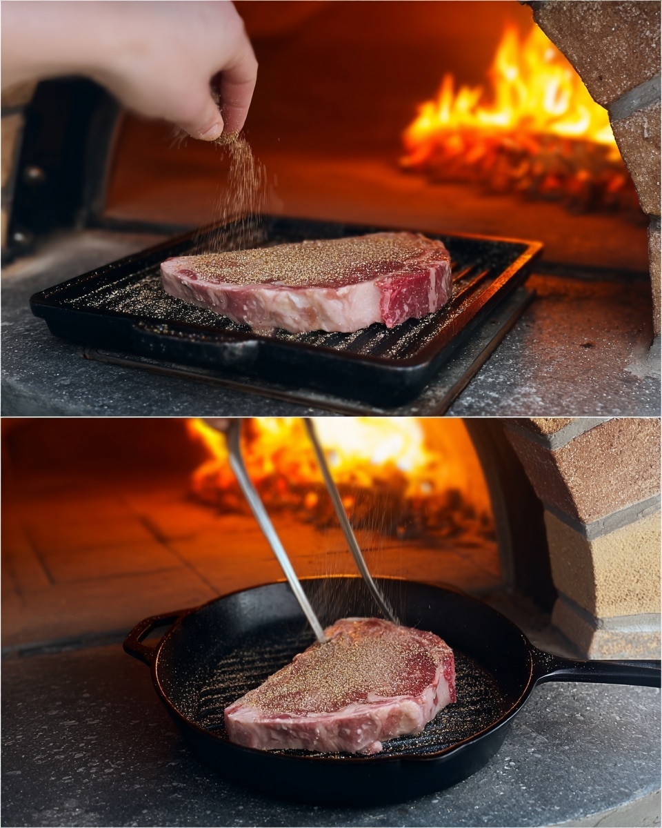 The image shows two scenes of preparing a thick raw steak. In the first scene, a woman's hand sprinkles a light brown spice mix over the raw steak lying on a black grill pan, which has ridges and rests on a dark gray stone surface in front of a brick oven with a bright orange fire inside. The steak is thick with a natural pink color and marbled fat along the edges and surface. In the second scene, the steak is placed inside a black cast-iron pan, where a pair of metal tongs held by a woman's hand is pressing down gently on the side. The steak is sprinkled evenly with the same light brown spice mix and set before the glowing fire of the brick oven. The textured dark gray stone surface supports the pan beneath the oven. photo taken with an iphone --ar 4:5 --v 7