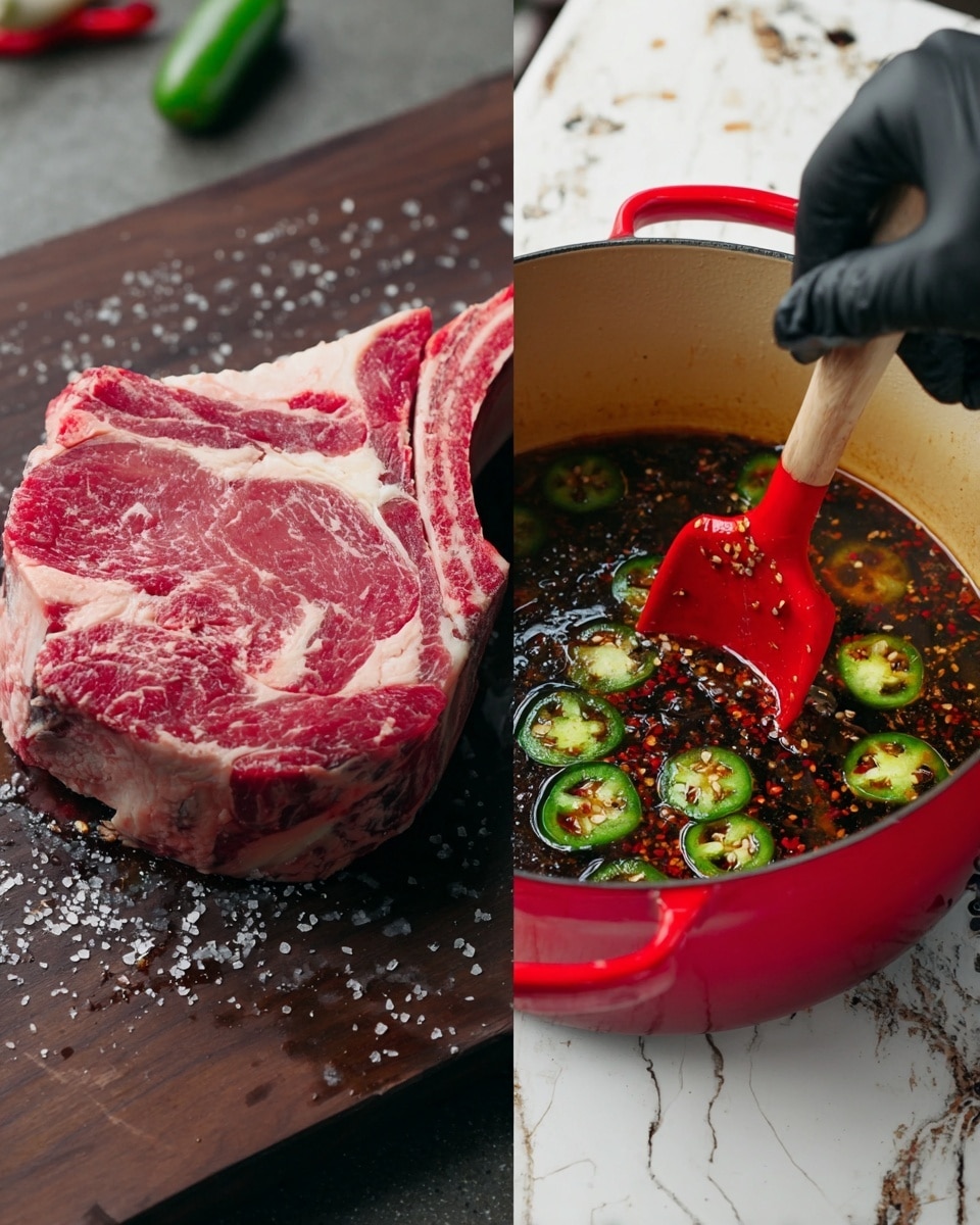 The image shows two views of a thick steak with a bone handle on a grill. On the left, the steak appears dry with a light brown, crispy crust covered with coarse seasoning on top and around. On the right, a person's wrist with a watch and black glove holds the steak by the bone, showing the other side of the steak that is dark brown and shiny with a sticky glaze covering the entire surface. The grill bars beneath are black and the setting is inside a grill box. Photo taken with an iphone --ar 4:5 --v 7