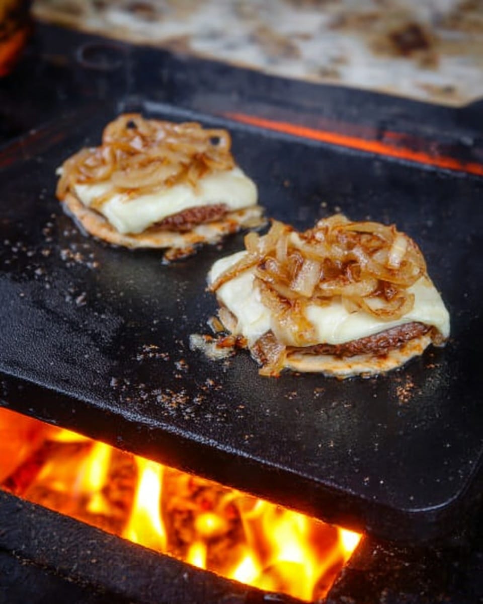 Two small layered dishes are cooking on a black flat grill over an open flame with visible orange and yellow fire below. Each layer consists of a base of browned meat patty, followed by a slightly melted white cheese slice that drapes over the meat edges, topped with a pile of caramelized onions that are light brown and soft in texture. The grill surface shows scattered small bits of seasoning and grease. The background is blurred but shows a white marbled texture beneath the grill. photo taken with an iphone --ar 4:5 --v 7