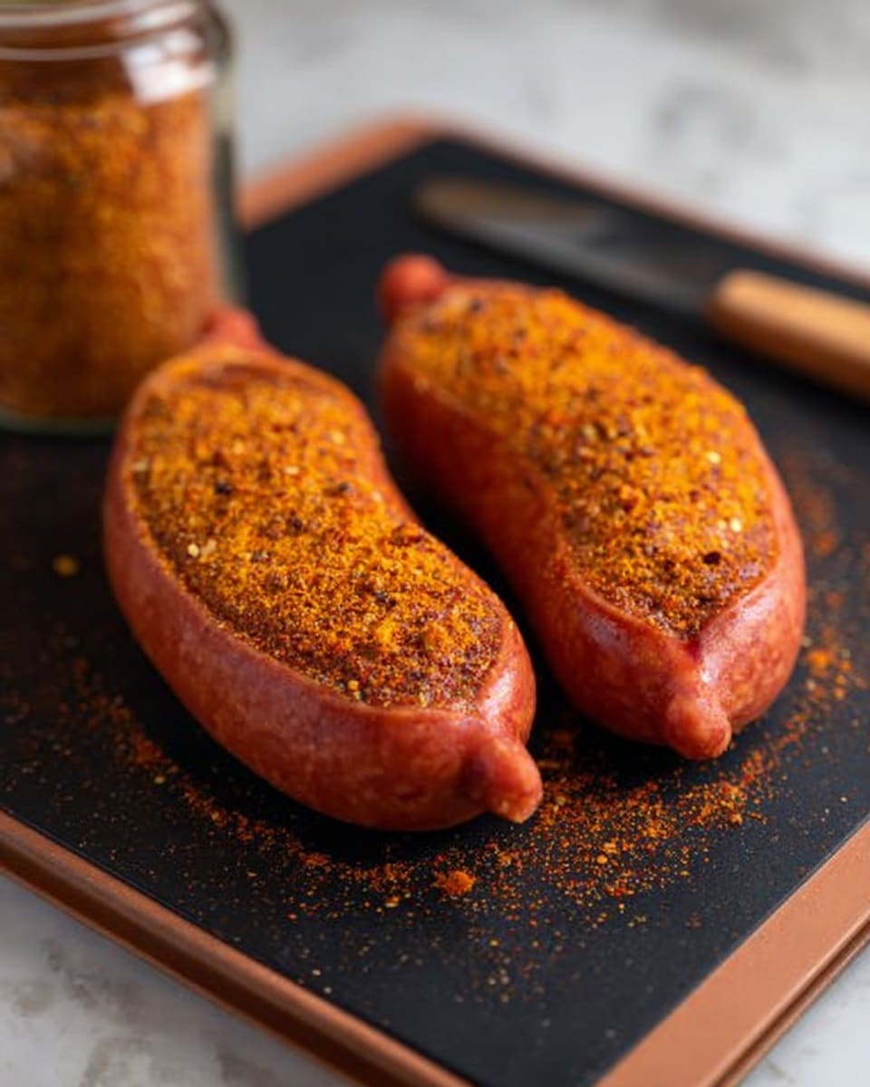 Two uncooked sausages shaped like boats sit side by side on a black cutting board with a brown border, placed on a white marbled surface. Each sausage has an open center filled with a reddish mixture, topped with a layer of reddish-orange spices that covers the filling evenly. A jar filled with more spices is blurry in the background. The image is softly lit, showing a close-up view of the sausages with sharp texture details. Photo taken with an iphone --ar 4:5 --v 7