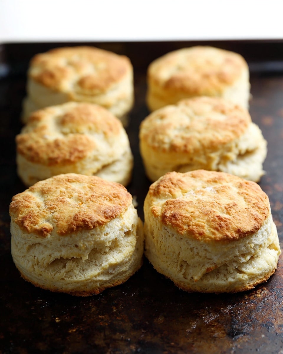 The image shows six round biscuits on a dark baking tray with a slightly rough surface. Each biscuit has two layers with a golden-brown top and a lighter, fluffy inside. The texture looks crumbly and soft, with uneven edges and small cracks on the surface. The biscuits are close together, almost touching, with a warm, baked color contrast between the top and the layers in the middle. The photo taken with an iphone --ar 4:5 --v 7