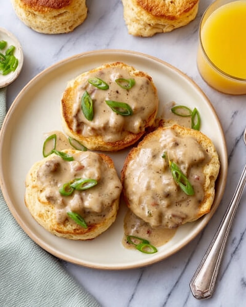 The image shows three golden brown biscuits on a round white plate, each topped with a creamy, light brown sausage gravy sauce. The gravy has a thick texture and covers most of the biscuit tops, with small bits of sausage visible in the sauce. Slices of green onion are scattered on top of the gravy for color contrast. The plate is placed on a white marbled surface with a fork on the right side and a glass of orange juice partially visible in the upper right corner. A woman's hand is holding an additional biscuit in the top left area. Photo taken with an iphone --ar 4:5 --v 7