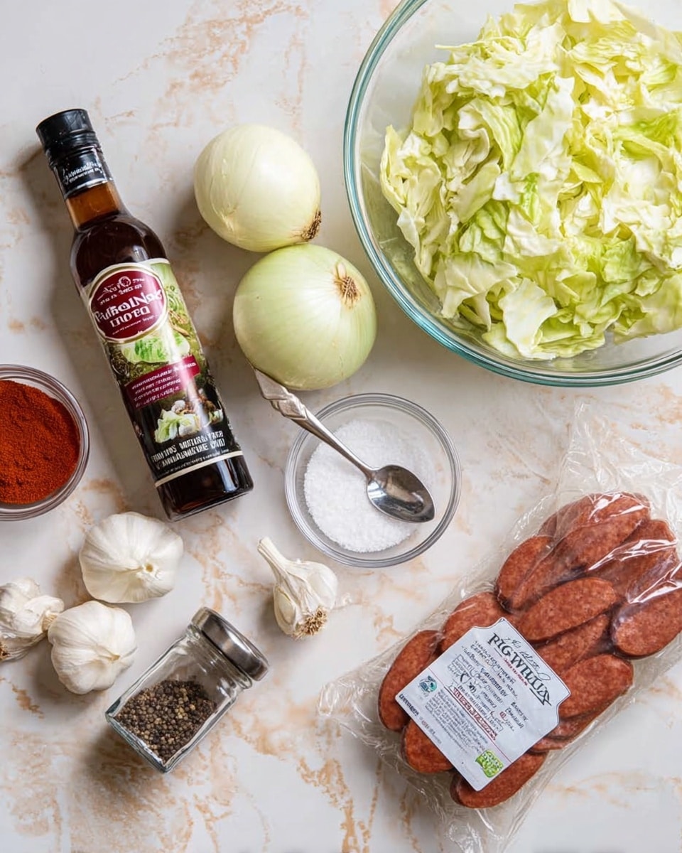A white marbled surface holds a clear glass bowl filled with torn light green cabbage pieces on the top right. Below it, there is a sealed package of Polish pork kielbasa sausage showing reddish-brown sausages inside. Near the center, a small clear bowl contains white granulated salt with a silver spoon resting inside. Above it, a brown glass bottle labeled