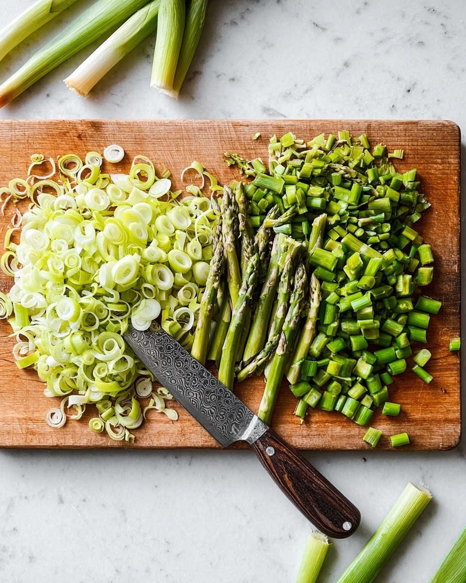 A wooden cutting board on a white marbled surface holds two piles of chopped vegetables: on the left, pale green rings of sliced leeks with their soft, layered texture, and on the right, bright green asparagus tips and stalks cut into short pieces showing their fresh, firm texture. A knife with a dark wooden handle and a patterned steel blade rests near the asparagus. Around the board, whole leeks and asparagus stalks are placed casually. photo taken with an iphone --ar 4:5 --v 7