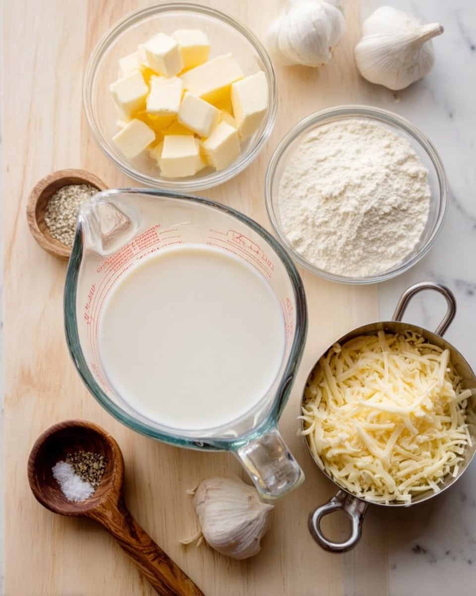 A clear glass measuring cup filled with white milk is centered on a light wood surface, surrounded by small transparent glass bowls holding pale yellow butter cubes and white flour, along with a tiny wooden bowl containing salt and black pepper. To the right, there is a metal measuring cup filled with shredded pale yellow cheese, and two whole white garlic cloves lie next to it. The surface is changed to white marbled texture, and the image is taken from above, showing all ingredients clearly spaced out. photo taken with an iphone --ar 4:5 --v 7