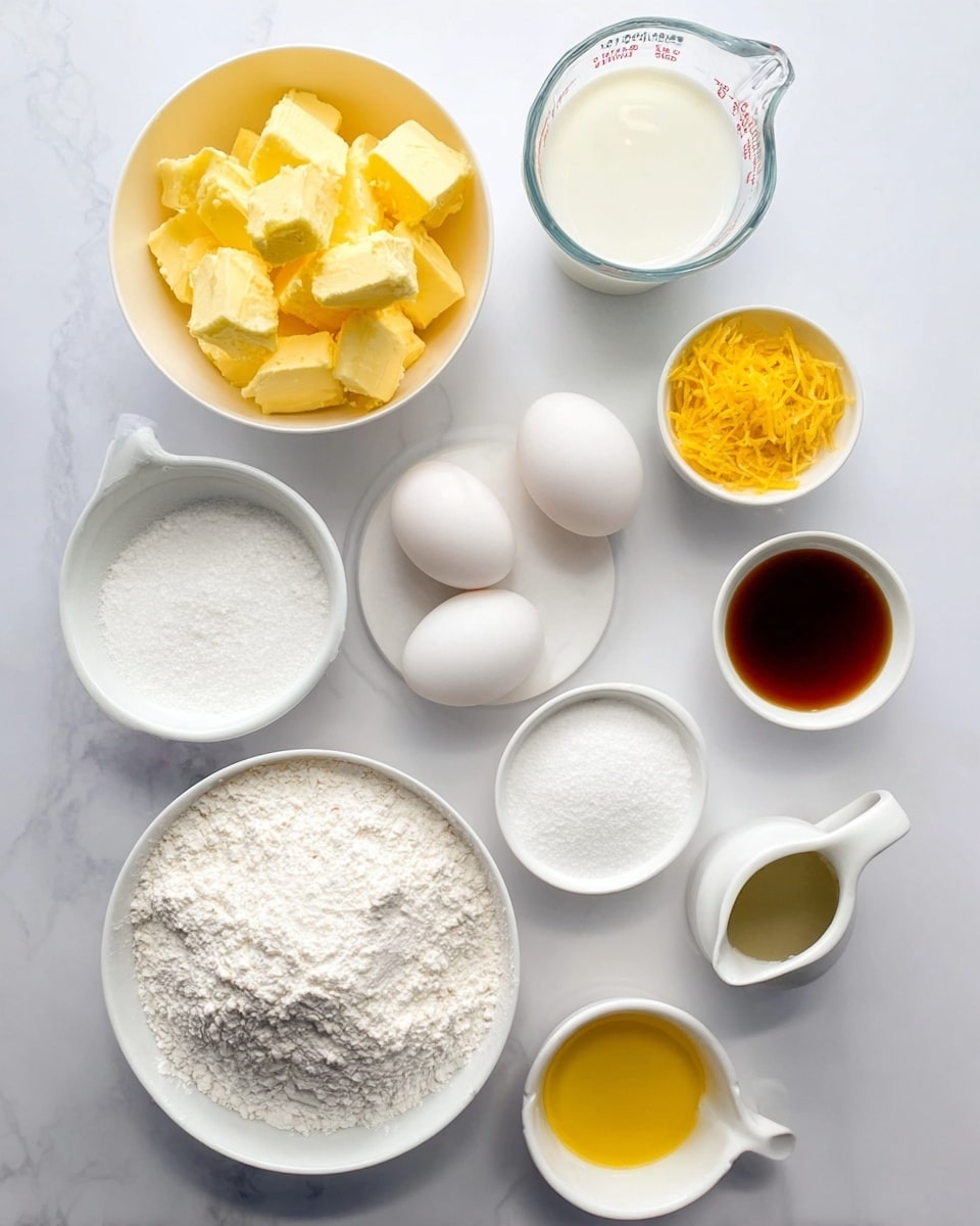 The image shows ten ingredients arranged on a white marbled surface. Starting from the top left, there is a white bowl full of yellow butter chunks, followed by a small clear measuring cup filled with white milk to the right. Below the butter, there are two whole white eggs placed side by side. To the right of the eggs is a small white bowl holding yellow lemon zest. Next to that, there is a medium white bowl filled with white granulated sugar. Below the eggs, there are two small white dishes, one containing white baking powder and the other white baking soda. To the right of these is a larger white bowl filled with white flour. At the bottom right of the image, there are two small white pitchers, one with yellow liquid (possibly melted butter or oil) and the other with a dark amber liquid (likely vanilla extract). The surface and the bowls have a clean and bright look. photo taken with an iphone --ar 4:5 --v 7