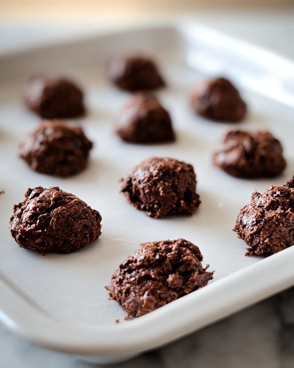 The image shows a white baking tray with ten rough, uneven clusters of dark brown chocolate cookie dough spaced evenly in rows. The dough looks thick and chunky with a textured surface, showing bits of chocolate or nuts. The baking tray sits on a white marbled surface, and the background is softly blurred with a warm light. The colors mainly focus on the deep brown dough and the neutral white tray and surface. photo taken with an iphone --ar 4:5 --v 7