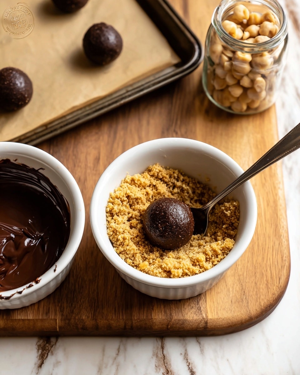 The image shows the process of making chocolate-coated balls. In the front left, there is a white bowl with melted dark chocolate, smooth and shiny inside. Next to it, a white bowl filled with golden, crumbly coating mixture, with one ball fully covered and resting on a spoon inside the bowl. In the background on a baking tray lined with parchment, four round, smooth, dark chocolate balls are spaced evenly. Also visible is a clear glass jar containing hazelnuts or a similar light beige nut. All items are placed on a wooden cutting board, set on a white marbled surface. Photo taken with an iphone --ar 4:5 --v 7