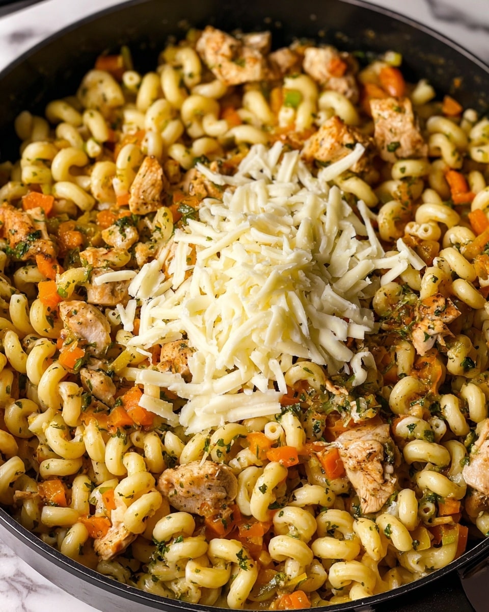 The image shows a close-up of a black pan filled with cooked curly elbow pasta mixed with small pieces of cooked seasoned chicken and finely chopped orange and green vegetables. On top of the pasta and chicken, there is a pile of shredded white cheese adding a creamy texture detail. The whole dish looks warm with a mix of tan, orange, and white colors, with herbs sprinkled evenly. The background has a white marbled texture. photo taken with an iphone --ar 4:5 --v 7