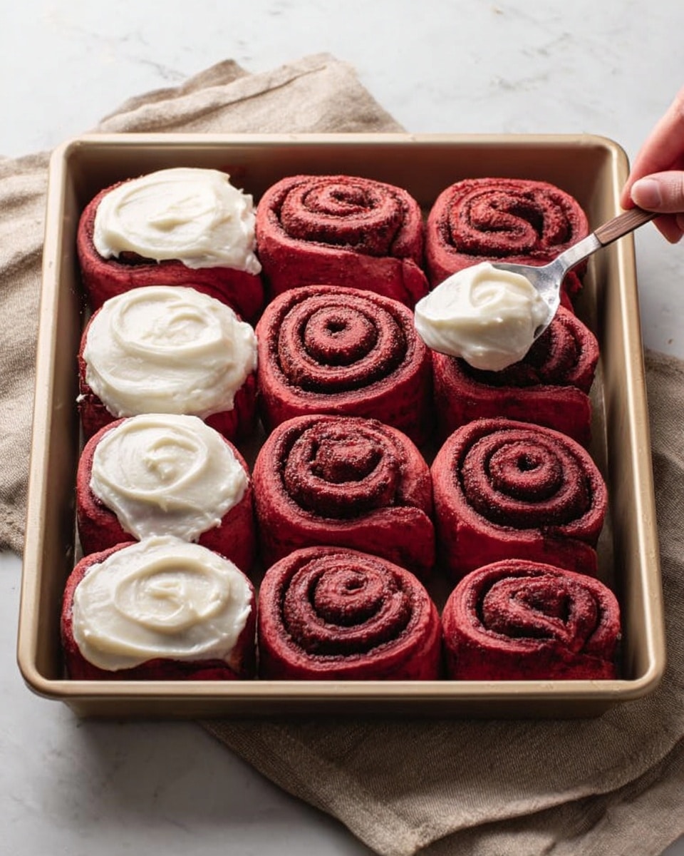 A baking tray filled with 12 red cinnamon rolls, arranged in three rows of four. Three rolls in the front left corner are being covered with smooth white icing, held by a woman's hand holding a spoon spreading the icing in circular motion on the swirled top layer. Each cinnamon roll has a spiral shape with dark red dough and a slightly rough texture inside the layers. The tray sits on a folded light beige cloth on a white marbled surface. The icing looks shiny and wet, contrasting with the matte red rolls. photo taken with an iphone --ar 4:5 --v 7