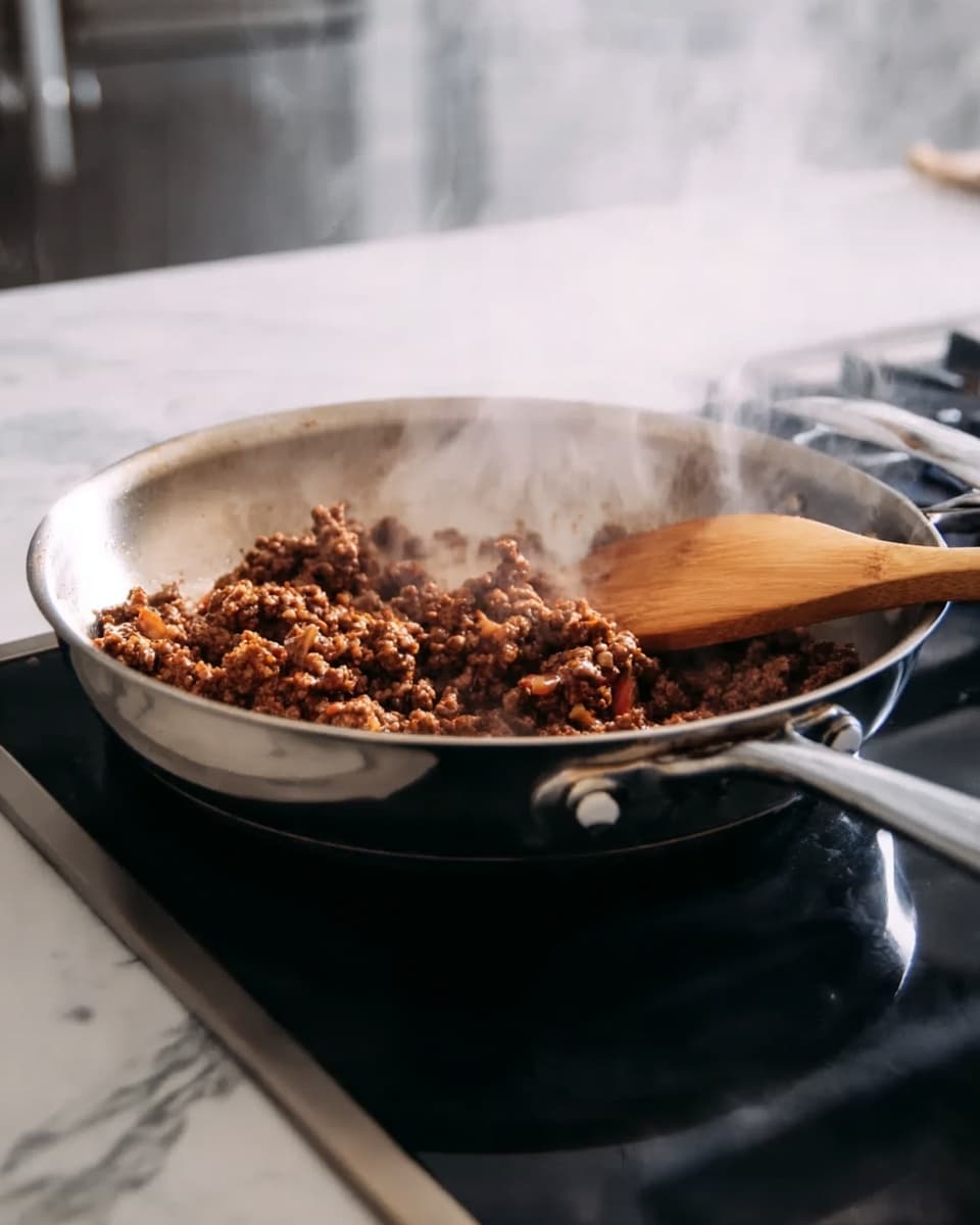 A close-up image of browned ground meat cooking in a shiny silver pan on a black stove burner, with steam rising from the meat. A wooden spoon is stirring the meat from the right side of the pan. The background features a white marbled surface, and the pan handles are visible at the front and side. Photo taken with an iphone --ar 4:5 --v 7