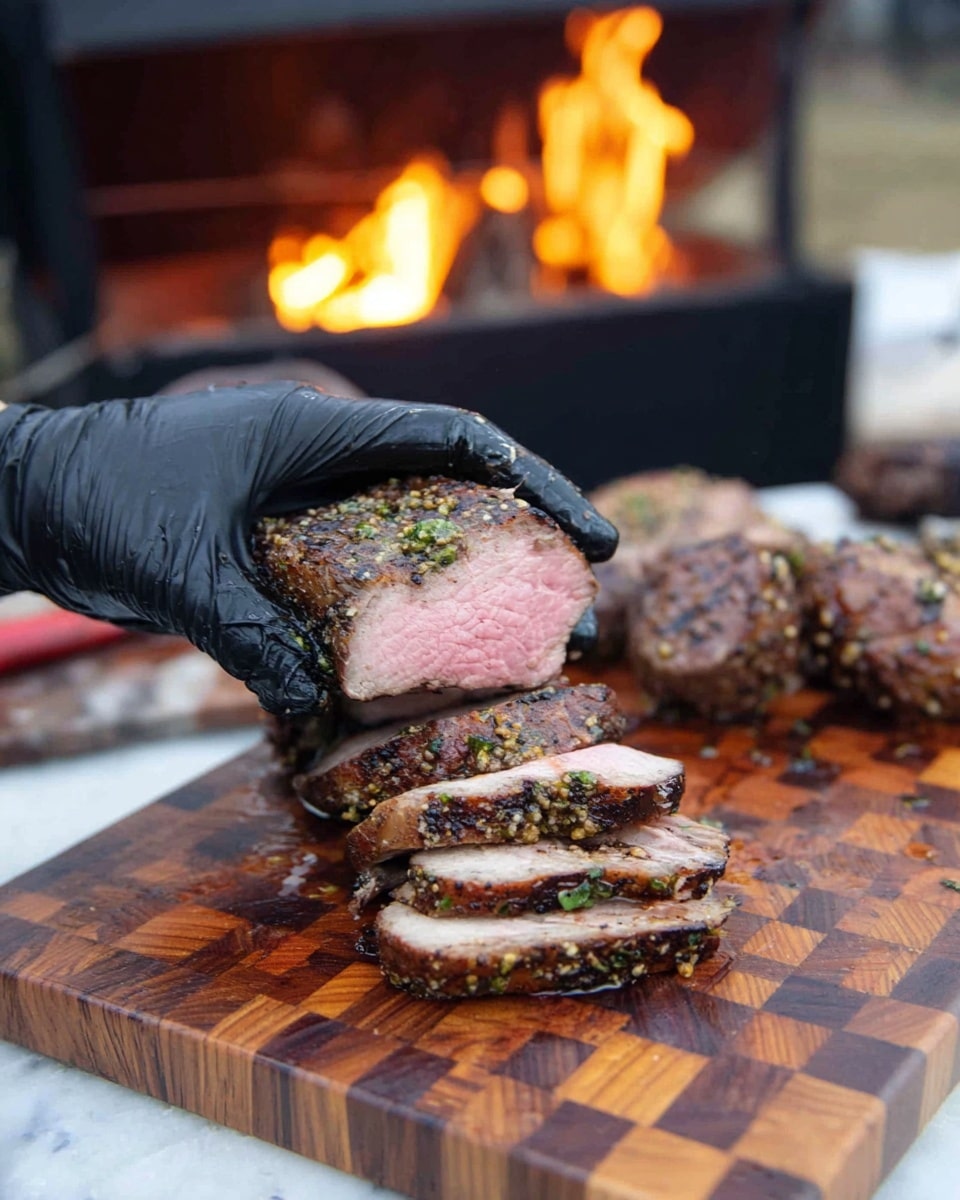 A woman's hand wearing a black glove is holding a thick slice of grilled meat that shows a pink, juicy inside with a dark, seasoned crust outside. Below the hand, there are several thinner, uneven slices of similar meat stacked on a wooden cutting board with a checkered pattern. In the background, there is a small fire burning inside a black grill, and another piece of meat resting on the board. The scene is set on a white marbled surface. photo taken with an iphone --ar 4:5 --v 7