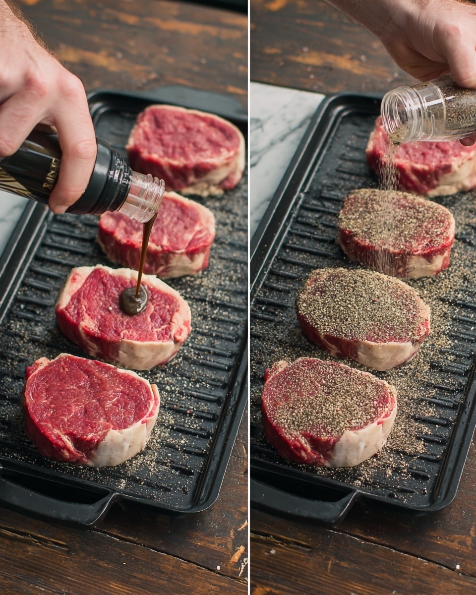 Four thick, round pieces of raw steak wrapped with a thin white fat layer are arranged in a row on a black grill pan. The grill pan rests on a dark wood surface with a white marbled texture background. In the left image, a man's hand is squeezing dark brown sauce in a straight line across the top of the steaks. The raw meat is bright red with a marbled texture. In the right image, the same steaks are being covered with a coarse mix of black and white pepper from a clear spice container held by a man's hand pouring the pepper over them. The steaks have a fresh, moist surface, partly covered by the pepper and sauce. photo taken with an iphone --ar 4:5 --v 7