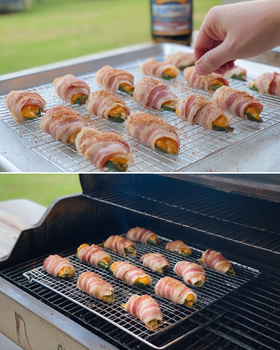 The two images show a cooking process of bacon-wrapped jalapeño poppers on a white wire rack, placed on a metal tray in the first image and inside a grill in the second one. Each jalapeño is sliced open, filled with melted yellow-orange cheese, then tightly wrapped with pinkish-white uncooked bacon strips, some with a dusting of red-brown seasoning on top. The poppers are arranged in neat rows, and a woman's hand is shown sprinkling seasoning over them in the first image. The background is an outdoor white marbled textured surface, with a grassy yard and grill in soft focus. Photo taken with an iphone --ar 4:5 --v 7