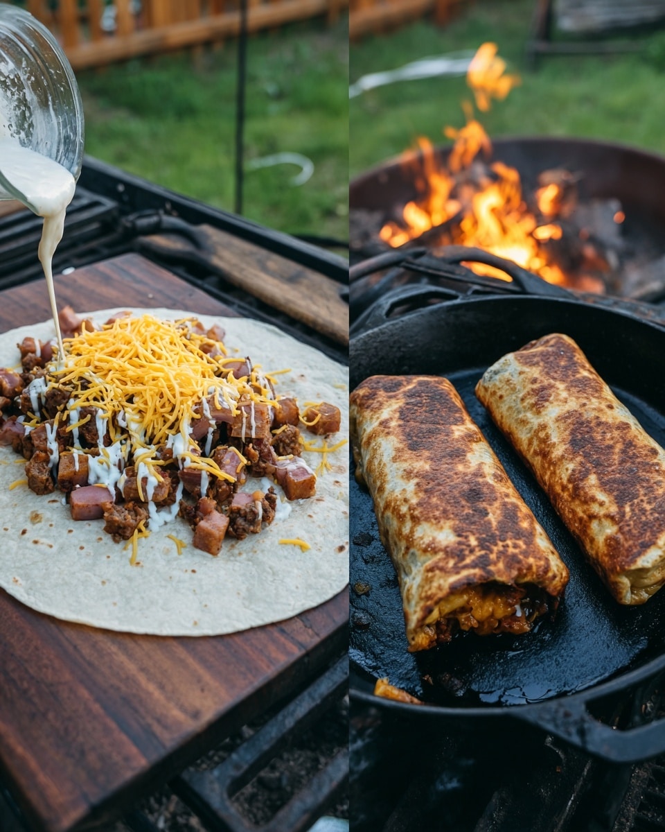 The image shows two scenes side by side. On the left, a soft, large white tortilla lies flat on a dark wooden surface with layers of cooked diced meat, shredded yellow cheese, and dollops of white sauce, with a woman's hand pouring more white sauce over the pile, all set against a white marbled texture background. On the right, two large burritos with golden-brown, crispy, and slightly charred outer layers are cooking in a black cast iron pan over an open flame grill, the grill and surrounding background showing green grass and a wooden fence. Photo taken with an iphone --ar 4:5 --v 7