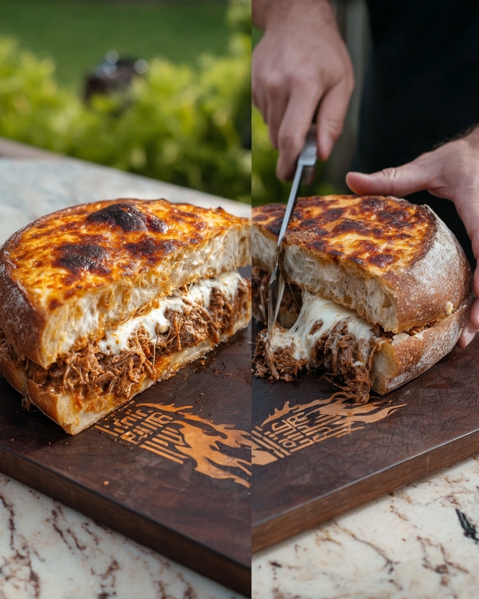 The image shows a thick sandwich made from a round, crusty bread loaf that has been sliced in half horizontally. The top layer of the bread is golden brown with a baked cheese crust that is slightly bubbly and browned in spots. Inside the sandwich, there is a large, dense layer of shredded meat mixed with melted white cheese that stretches slightly between the layers. The sandwich is being held by two hands—one hand holding the top half and the other steadying the bottom half—while a knife slices through it on a dark wooden cutting board with a flame logo and text. The background features a green outdoor setting, and the board is placed on a white marbled surface. photo taken with an iphone --ar 4:5 --v 7