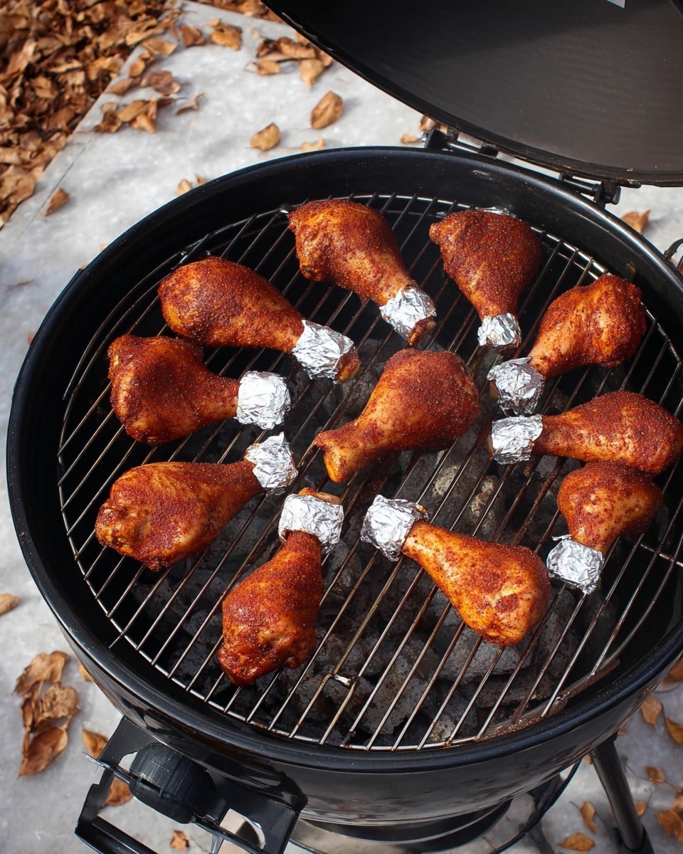 A black charcoal grill with an open lid shows eleven pieces of chicken legs arranged on the grill grates. Each piece is coated in a deep red spice rub giving a rough, textured appearance, and their small ends are wrapped with shiny silver foil. The grill itself is matte black with a round shape and a dial at the front. Background shows some dried brown leaves and a white marbled surface under the grill. photo taken with an iphone --ar 4:5 --v 7