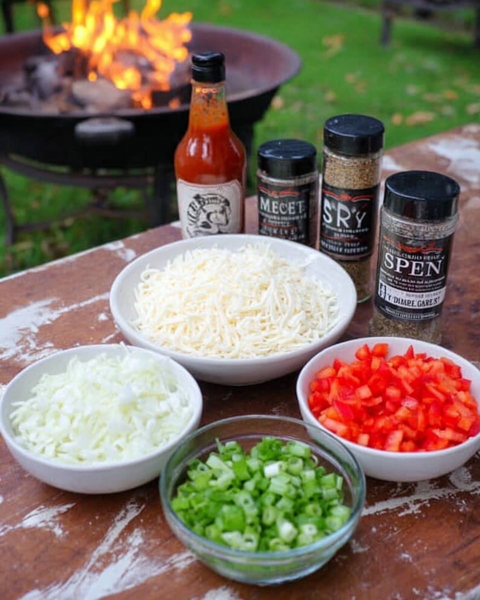 The image shows five bowls arranged on a wooden surface with a white marbled texture beneath. In the front center, there is a white bowl filled with shredded white cheese. To the left, a white bowl contains chopped white onions, while to the right, another white bowl holds diced red bell peppers. A small clear bowl with chopped green onions sits in the front right corner. Behind the bowls, there are two bottles: one is a bottle of red hot sauce, and the other is a spice container labeled