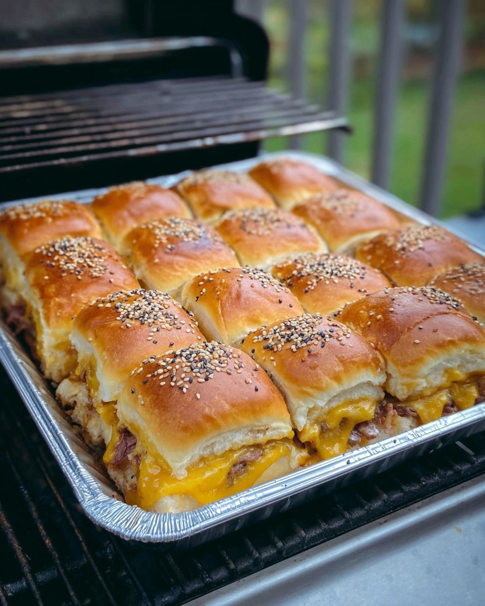 This image shows a tray of 12 square sandwich sliders arranged in 3 rows and 4 columns inside a silver baking pan. Each slider consists of a soft light brown top bun sprinkled with mixed white and black sesame seeds and seasoning. Beneath the buns, yellow melted cheese oozes out over layers of cooked meat, and the bottom buns are soft and light colored. The tray is set on a grill with a blurred outdoor background, all on a white marbled surface. Photo taken with an iphone --ar 4:5 --v 7